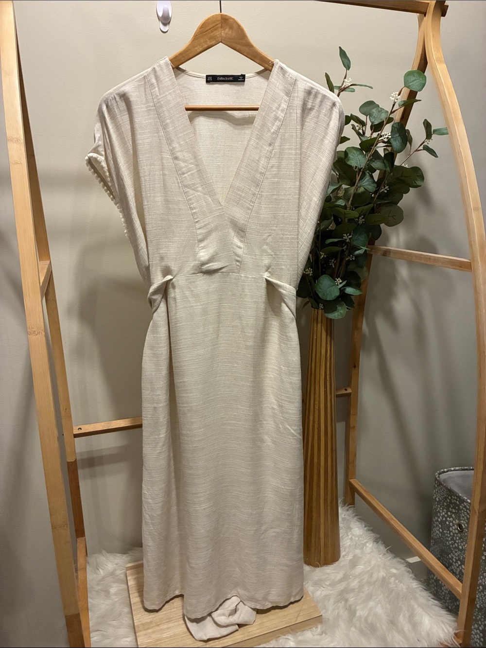 Zara Cream Midi Dress with V-Neck